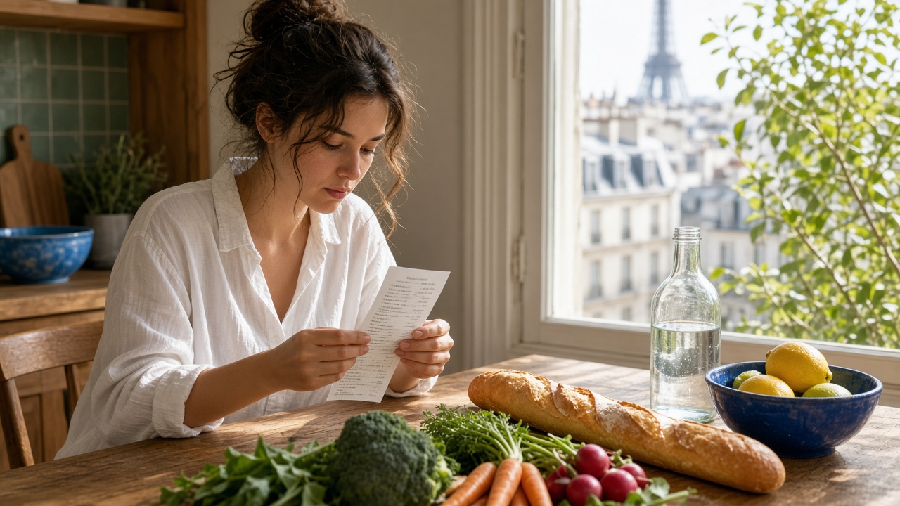 Une personne compare un ticket de courses à sa table de cuisine, entourée de fruits et de légumes.