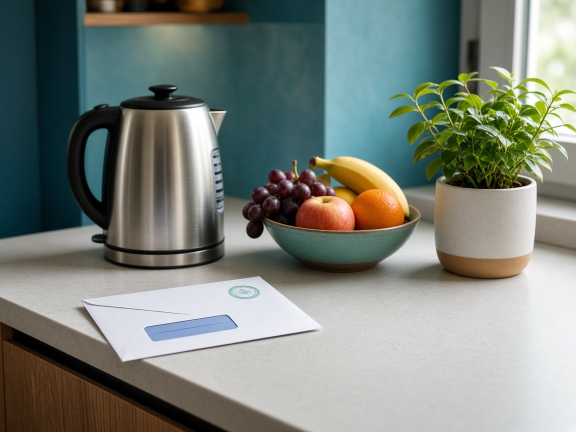 Enveloppe de facture posée sur un plan de travail de cuisine, près d'un bol de fruits.