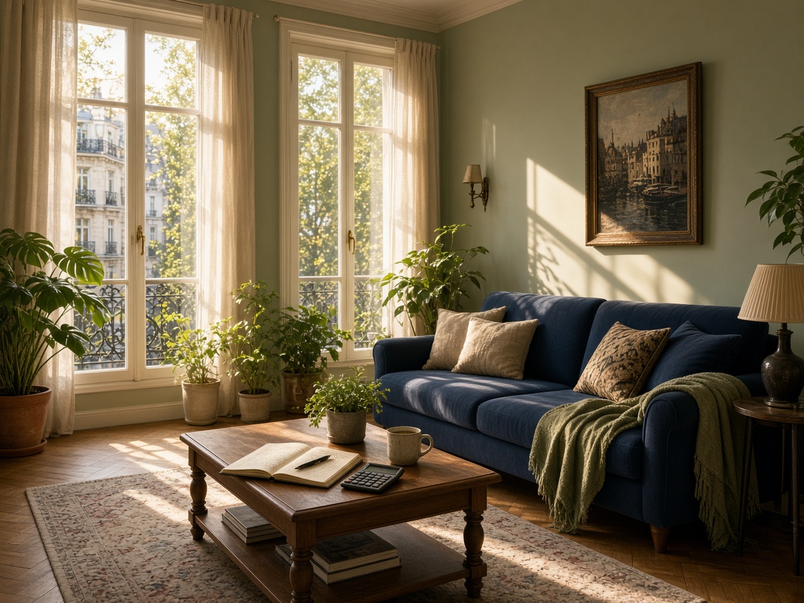 Salon lumineux d'un appartement, avec un carnet posé sur la table.