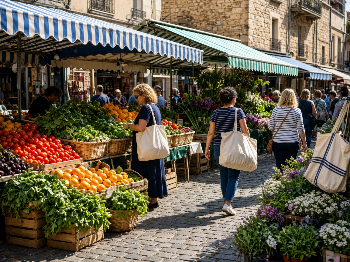 Marché alimentaire en plein air, étals de fruits, légumes et fleurs.