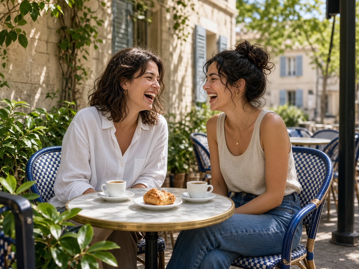 Deux personnes discutent à une terrasse de café ensoleillée.
