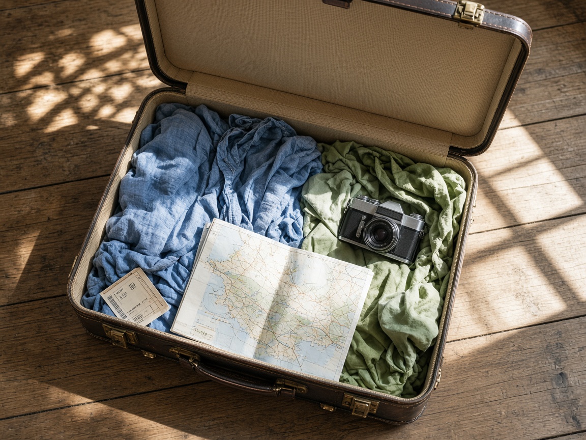 Valise ouverte au soleil, prête pour un départ.